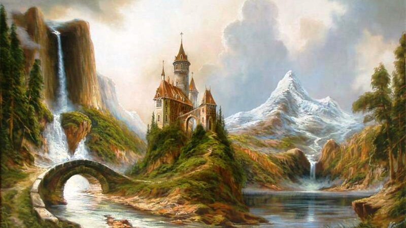 Castle on a Hill — Green, Dramatic, Painting