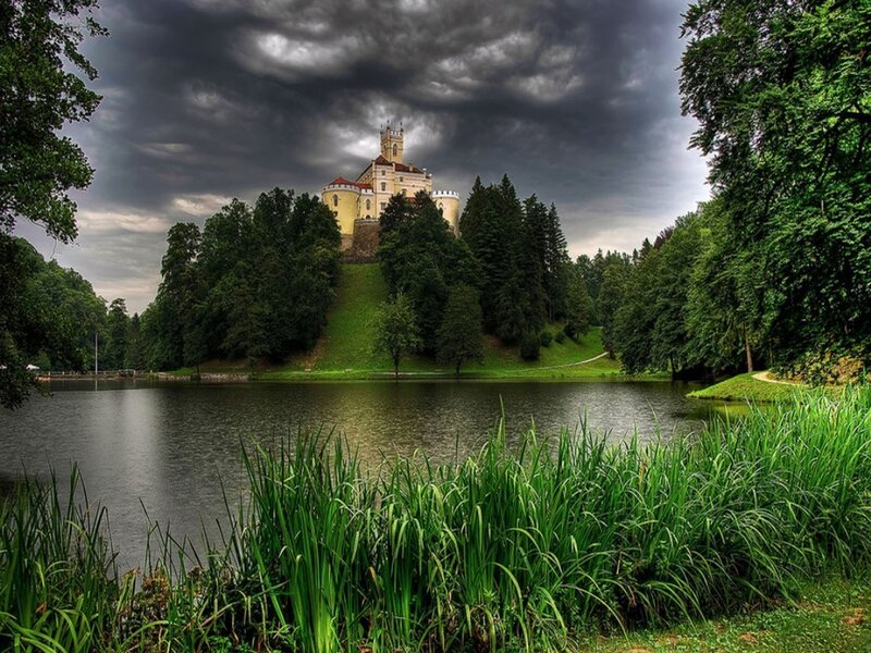 Castle on a Hill — Green, Dramatic, Photograph, Lake, Trees