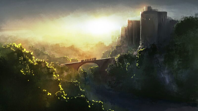 Castle on a Hill — Green, Dramatic, Sunset, Digital Art, Bridge