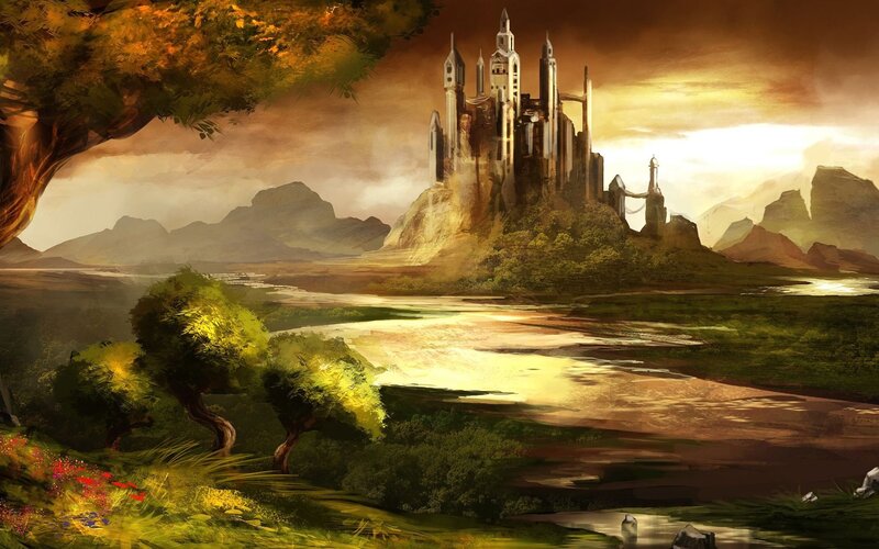 Castle on a Hill — Green, Dramatic, Sunset, Digital Art, River, Mountains