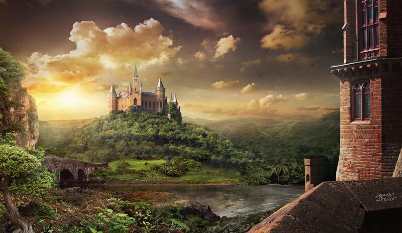 Castle on a Hill — Green, Dramatic, Sunset, Digital Art, River
