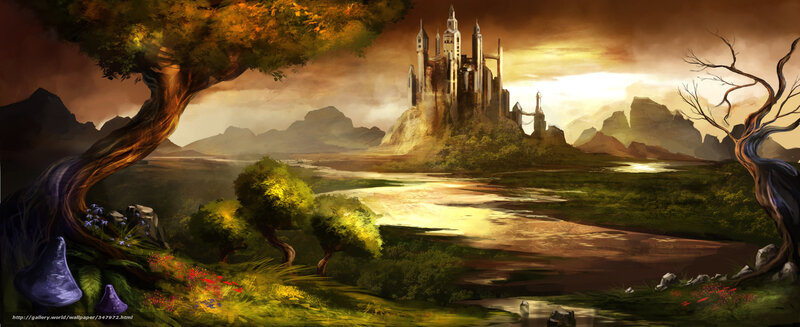 Castle on a Hill — Green, Dramatic, Sunset, Digital Art, River, Trees