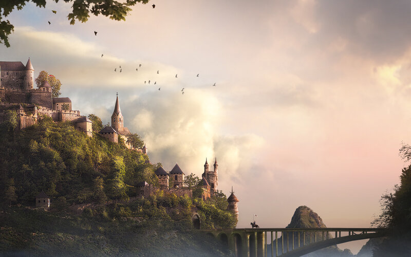 Castle on a Hill — Green, Dramatic, Sunset, Digital Art