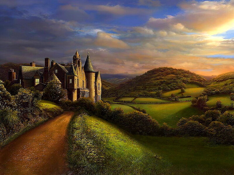 Castle on a Hill — Green, Dramatic, Sunset, Painting