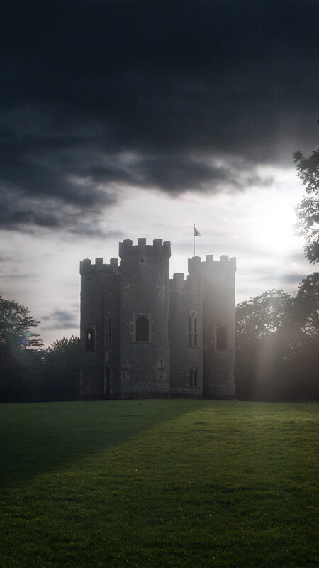 Castle on a Hill — Green, Dramatic, Sunset, Photograph, Clouds
