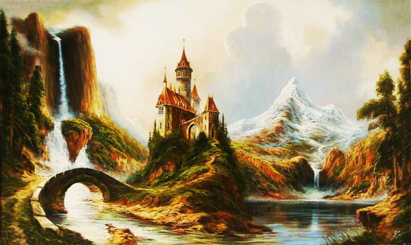 Castle on a Hill — Green, Serene, Afternoon, Painting, Mountain