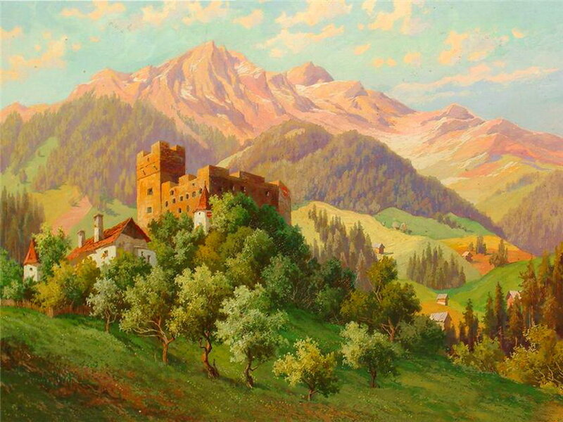 Castle on a Hill — Green, Serene, Afternoon, Painting, Mountains