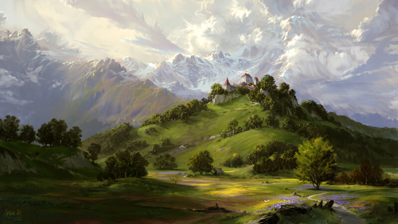 Castle on a Hill — Green, Serene, Afternoon, Painting, Mountains, Trees