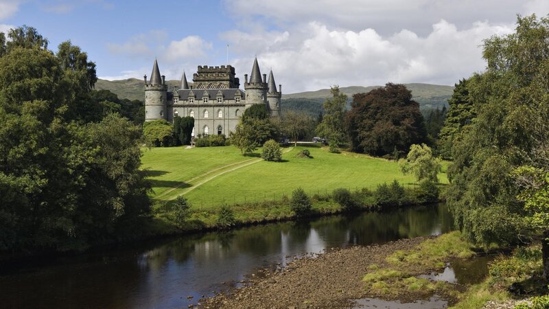 Castle on a Hill — Green, Serene, Afternoon, Photograph, River, Trees, Hills, Blue