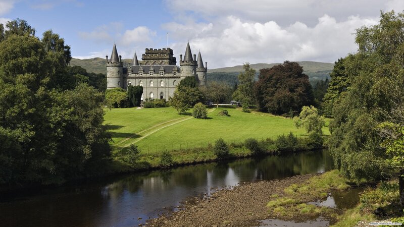 Castle on a Hill — Green, Serene, Afternoon, Photograph, River, Trees, Hills