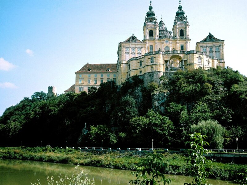 Castle on a Hill — Green, Serene, Afternoon, Photograph, River, Trees, Sky, Blue