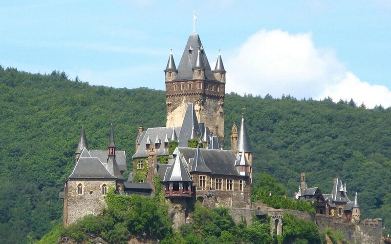 Castle on a Hill — Green, Serene, Afternoon, Photograph, Trees, Sky, Tower, Gray, Blue