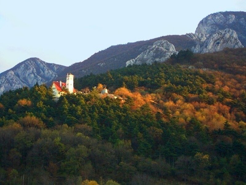 Castle on a Hill — Green, Serene, Autumn, Photograph, Mountains