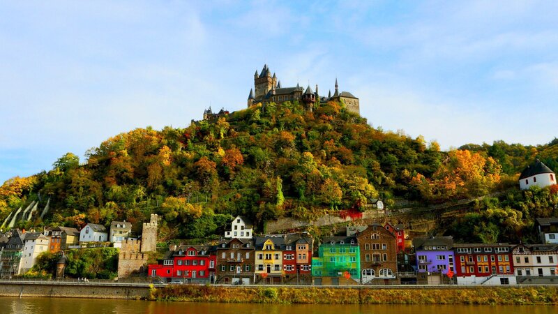 Castle on a Hill — Green, Serene, Autumn, Photograph, River, Town, Trees