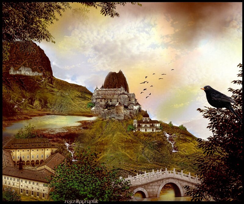 Castle on a Hill — Green, Serene, Sunset, Digital Art, Bird