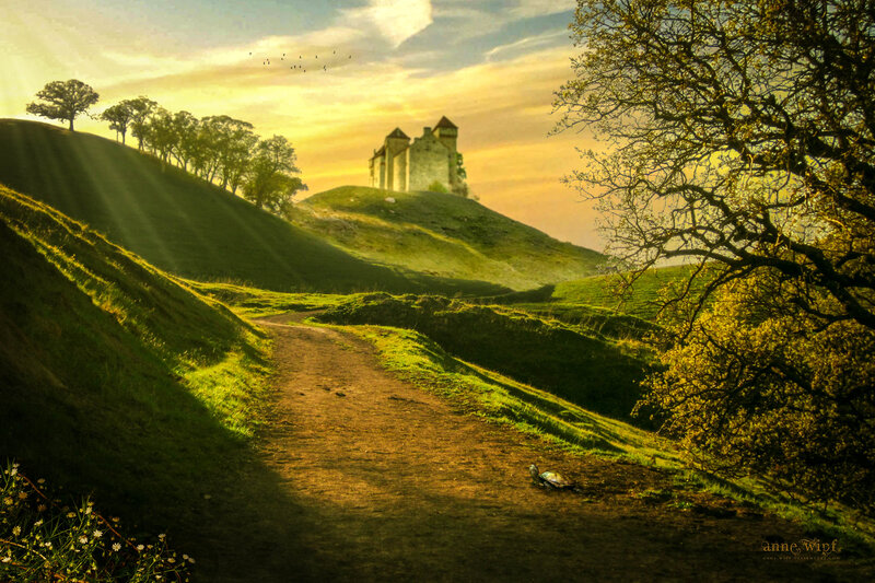Castle on a Hill — Green, Serene, Sunset, Digital Art, Path