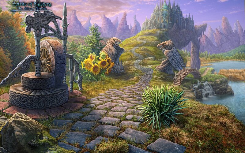 Castle on a Hill — Green, Serene, Sunset, Digital Art, Stone Path