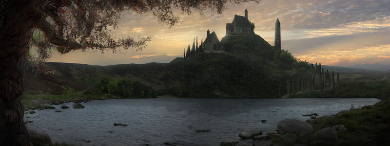 Castle on a Hill — Green, Serene, Sunset, Digital Art