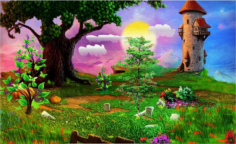 Castle on a Hill — Green, Serene, Sunset, Digital Art, Tree
