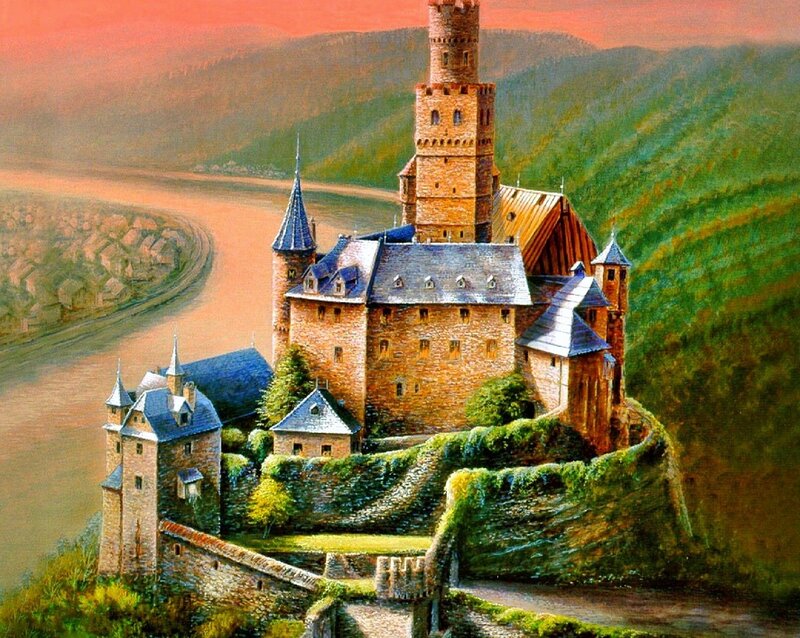 Castle on a Hill — Green, Serene, Sunset, Painting, River, Hills