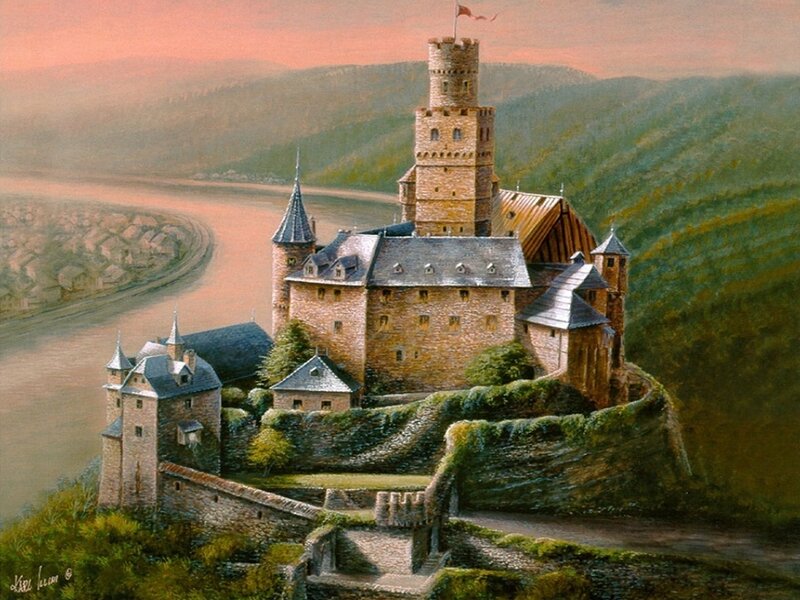 Castle on a Hill — Green, Serene, Sunset, Painting, River