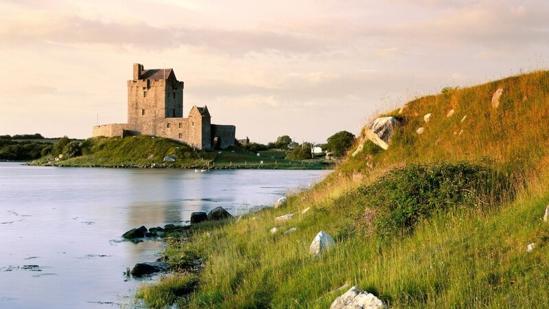 Castle on a Hill — Green, Serene, Sunset, Photograph, River