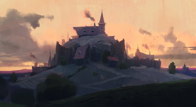 Castle on a Hill — Orange, Dramatic, Sunset, Digital Art, Smoke