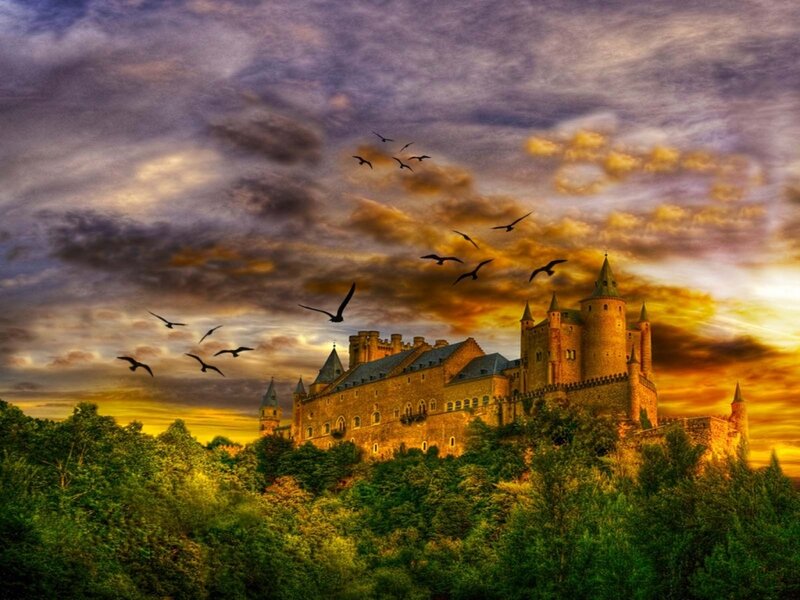Castle on a Hill — Orange, Dramatic, Sunset, Digital Art