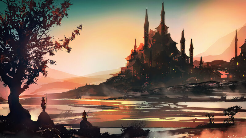 Castle on a Hill — Orange, Dramatic, Sunset, Digital Art, Tree