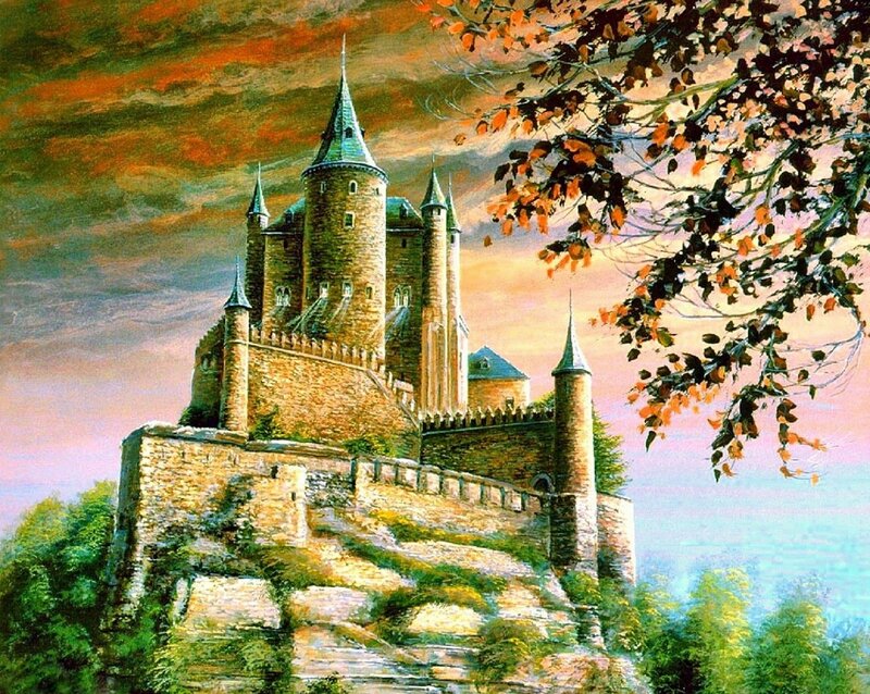 Castle on a Hill — Orange, Dramatic, Sunset, Painting