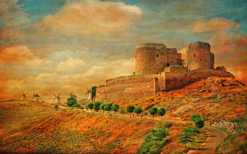 Castle on a Hill — Orange, Dramatic, Sunset, Painting, Windmills