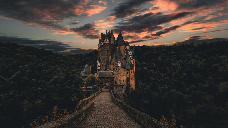 Castle on a Hill — Orange, Dramatic, Sunset, Photograph, Bridge