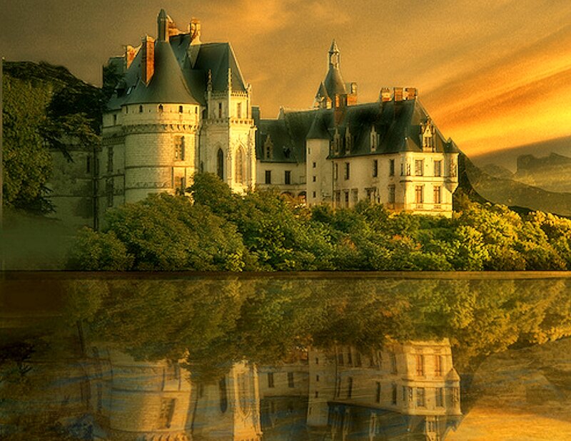 Castle on a Hill — Orange, Dramatic, Sunset, Photograph, Trees