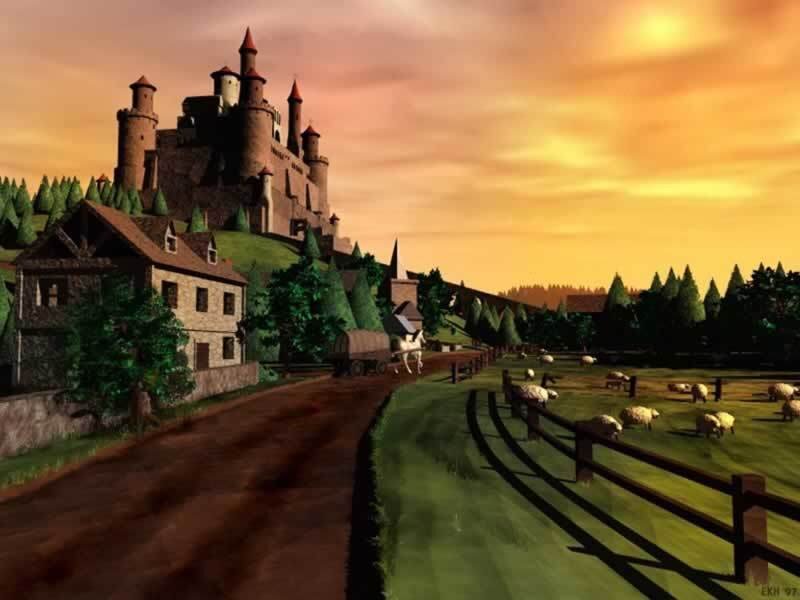 Castle on a Hill — Orange, Serene, Sunset, 3d Render, Sheep
