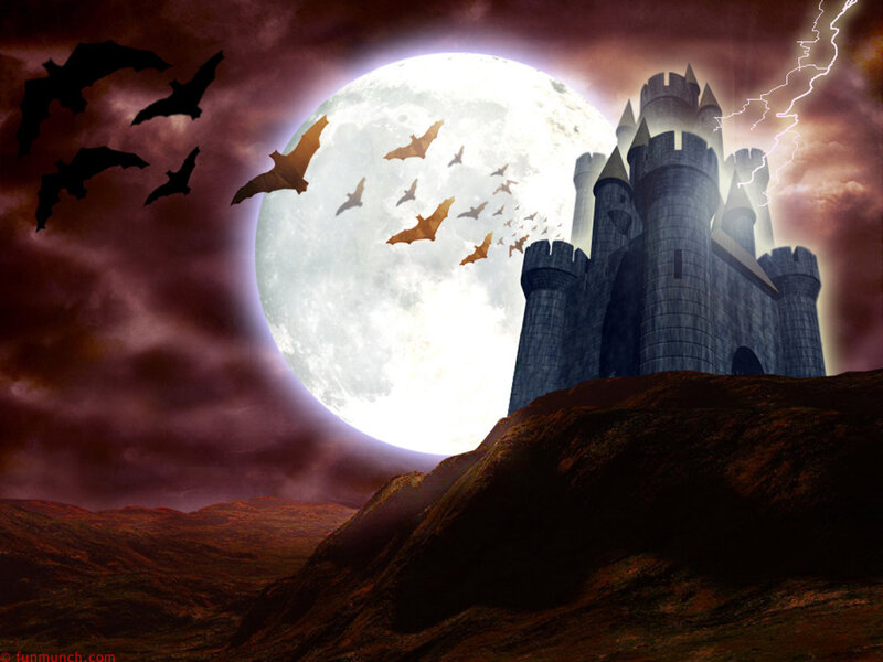 Castle on a Hill — Purple, Dramatic, Night, Digital Art, Moon, Bats