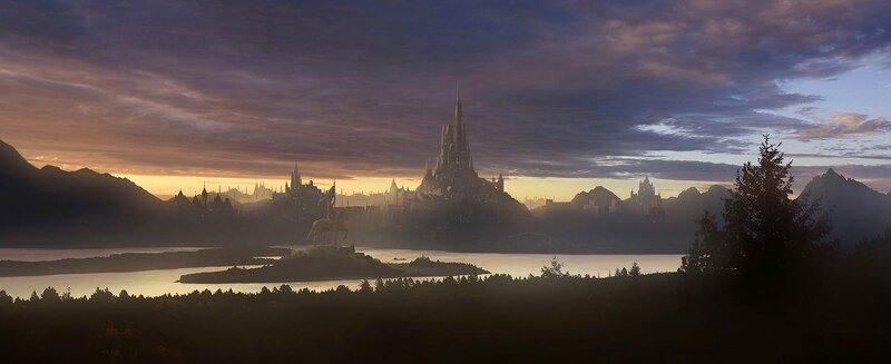 Castle on a Hill — Purple, Dramatic, Sunset, Digital Art, Mountains