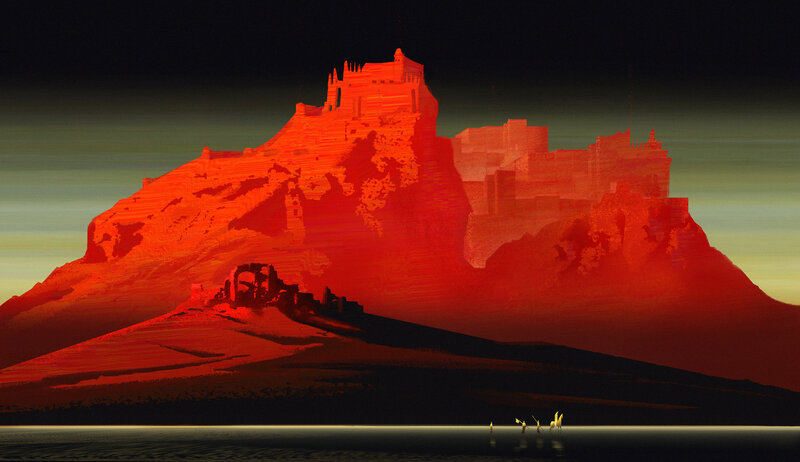 Castle on a Hill — Red, Dramatic, Sunset, Digital Art