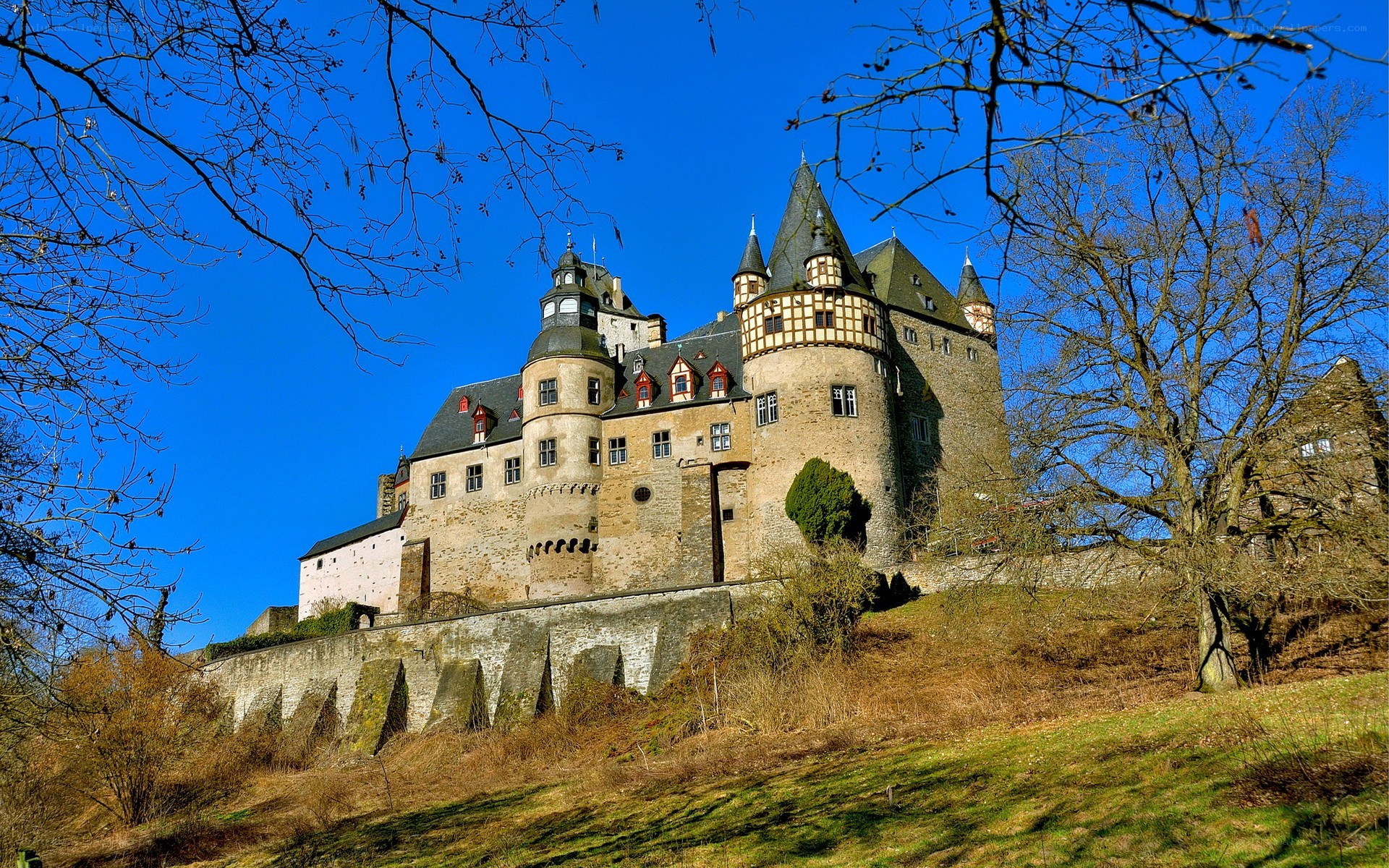 Castle on a hill under blue sky