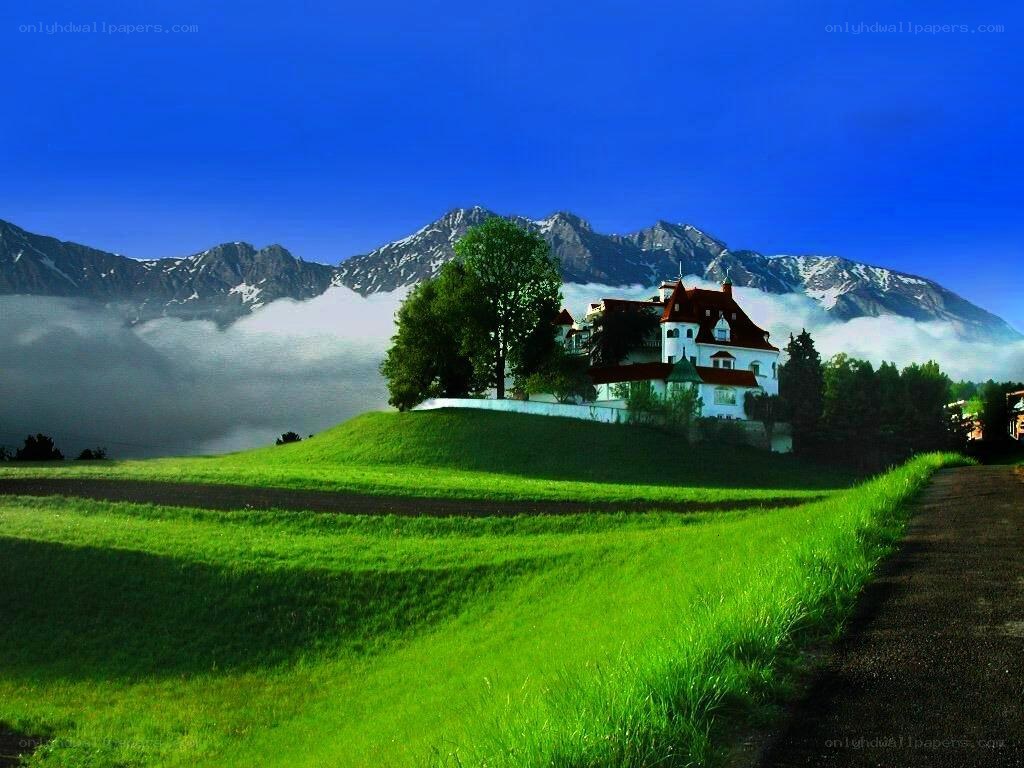 Castle on a hill with mountains