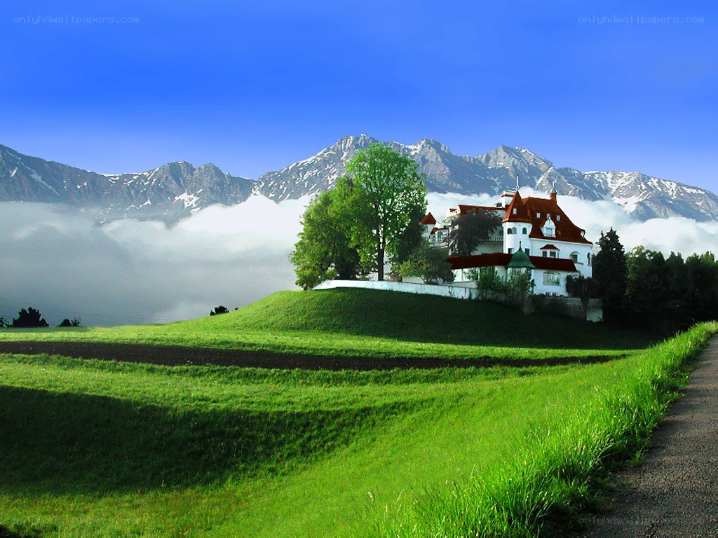 Castle on a hill with mountains