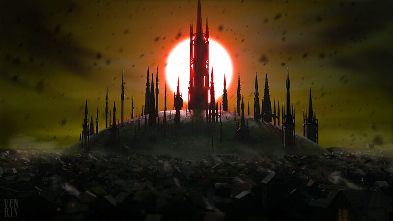 Castle on a Hill — Yellow, Dramatic, Sunset, Digital Art
