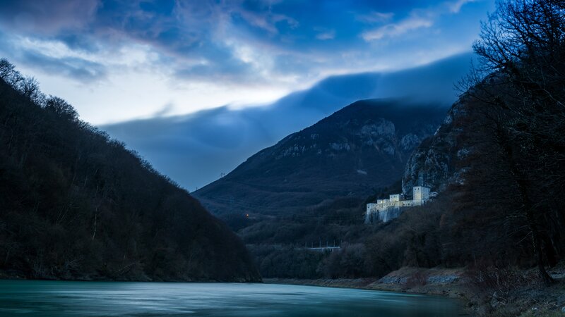 Castle on a Hillside — Blue, Dramatic, Night