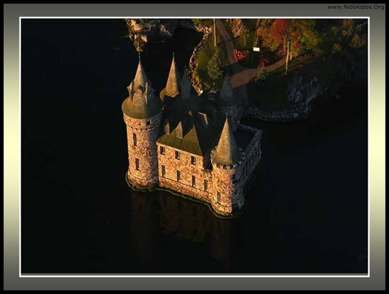 castle on a lake at dusk