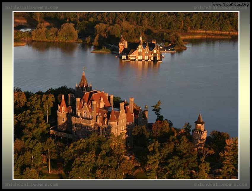 castle on a lake at sunset