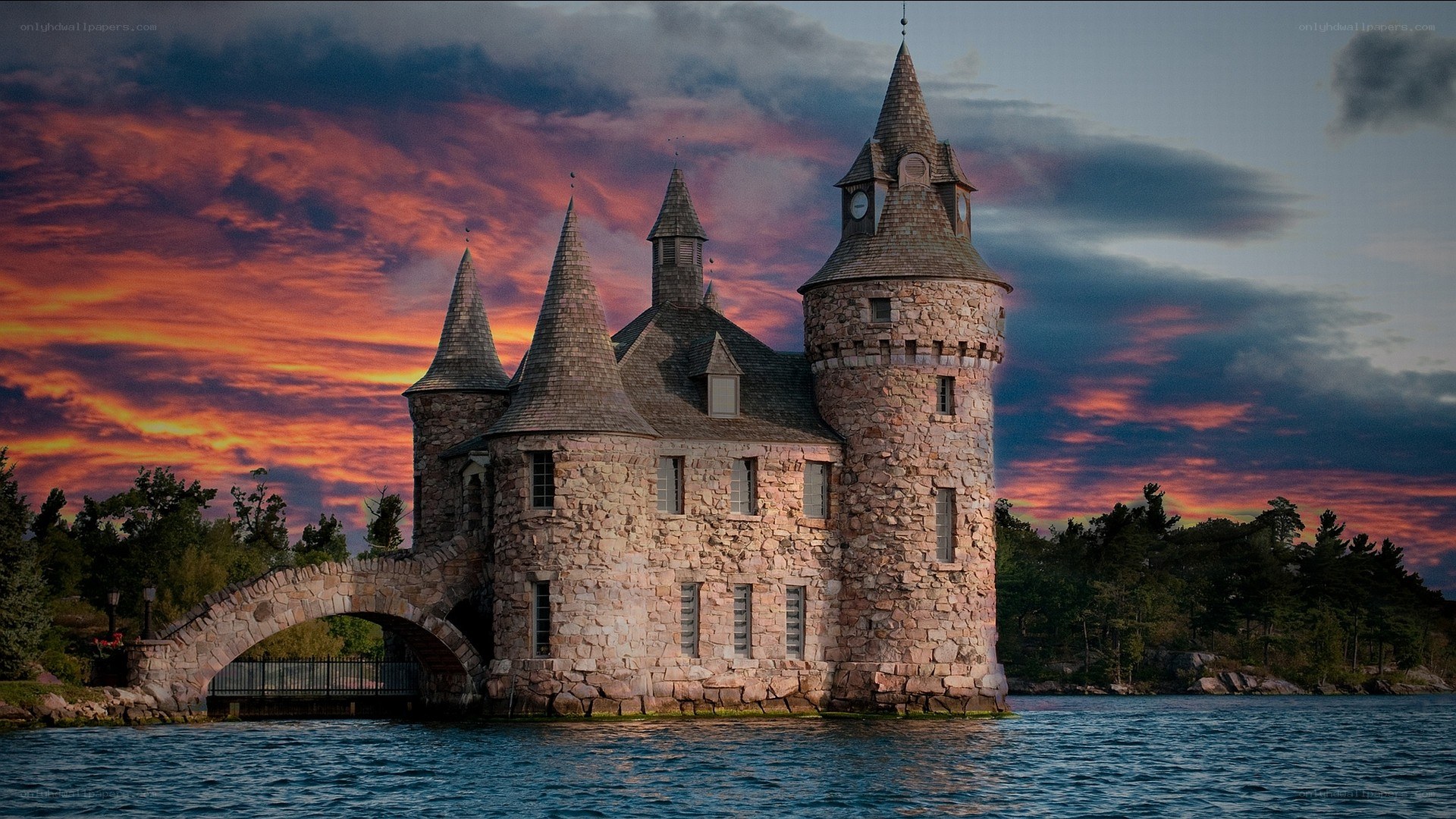 castle on a lake at sunset