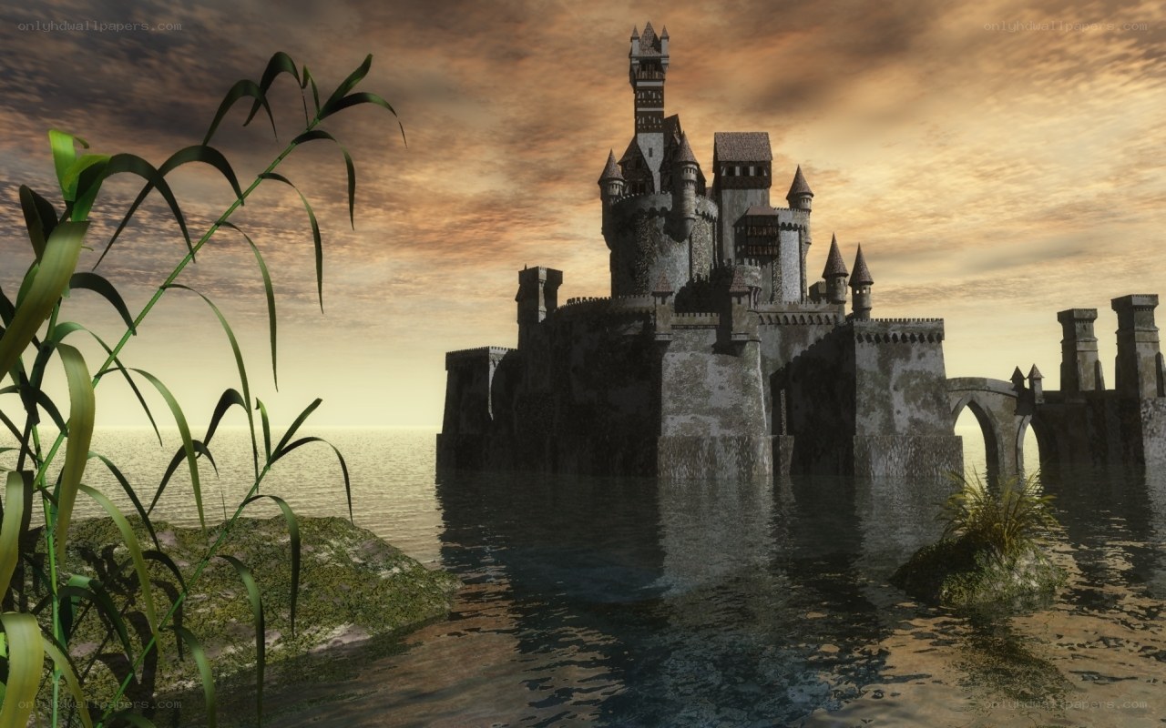 castle on a lake at sunset