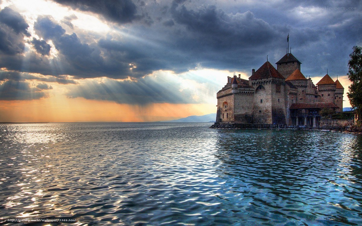 Castle on a lake at sunset