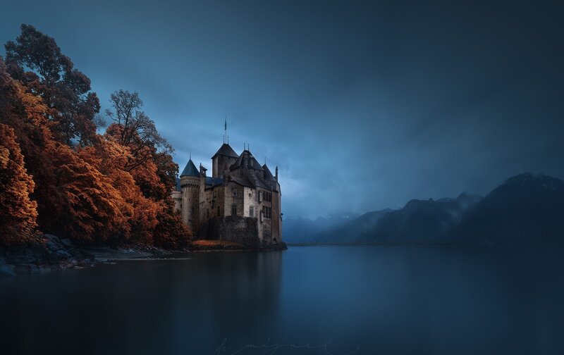 Castle on a Lake — Blue, Dramatic, Night, Photograph