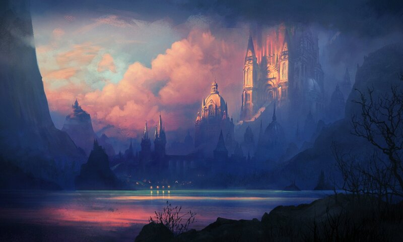 Castle on a Lake — Blue, Dramatic, Sunset, Digital Art, Mountains