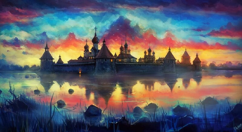 Castle on a Lake — Blue, Dramatic, Sunset, Digital Art